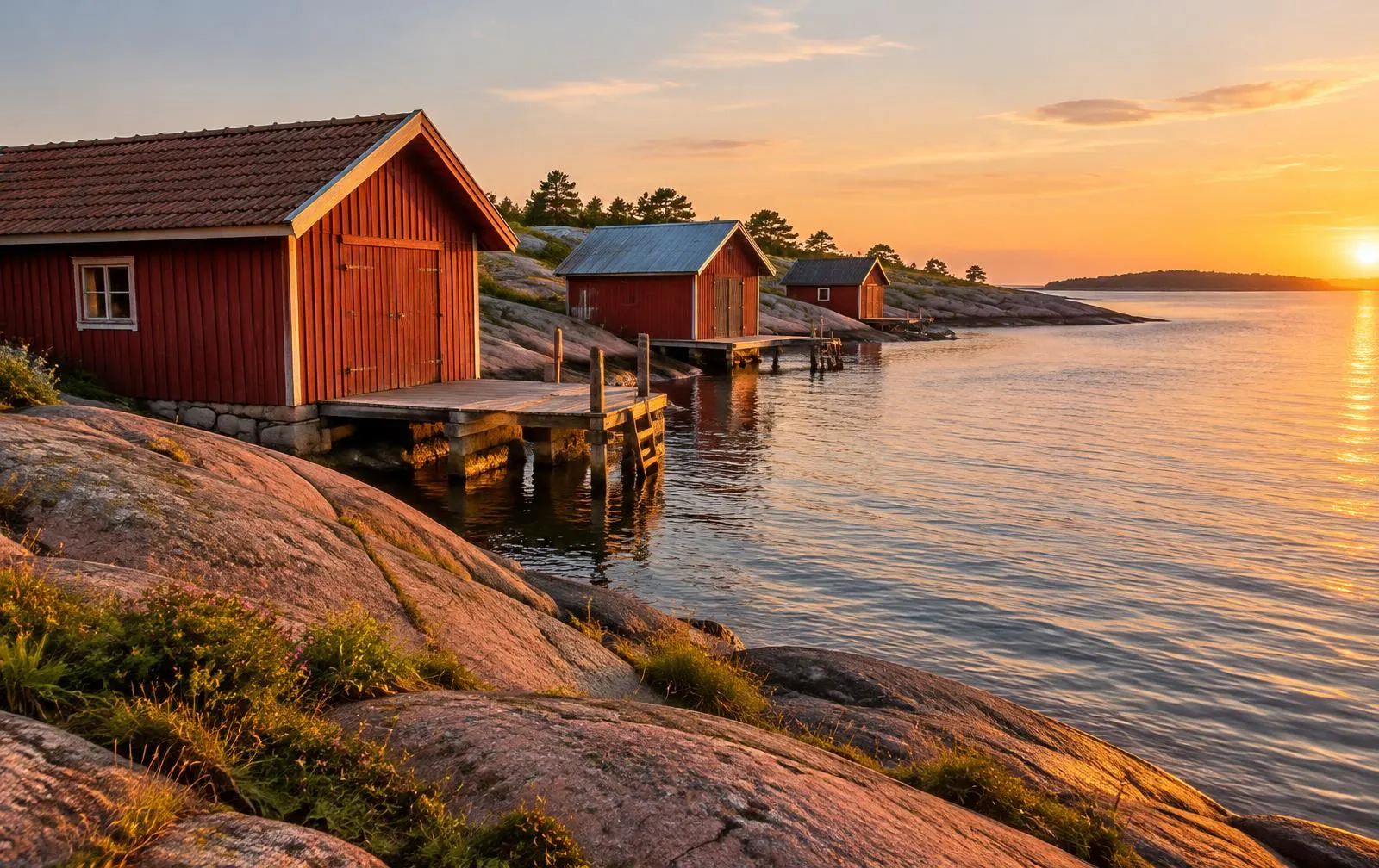 Illustration of red wooden boathouses on smooth pink granite rocks by the sea at sunset