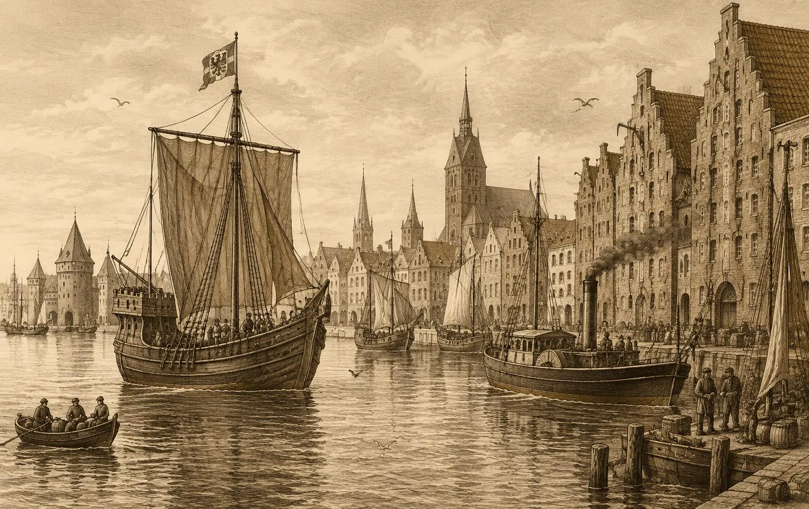 Engraving-style illustration of Hanseatic cogs and a steamship in a brick-gabled harbour