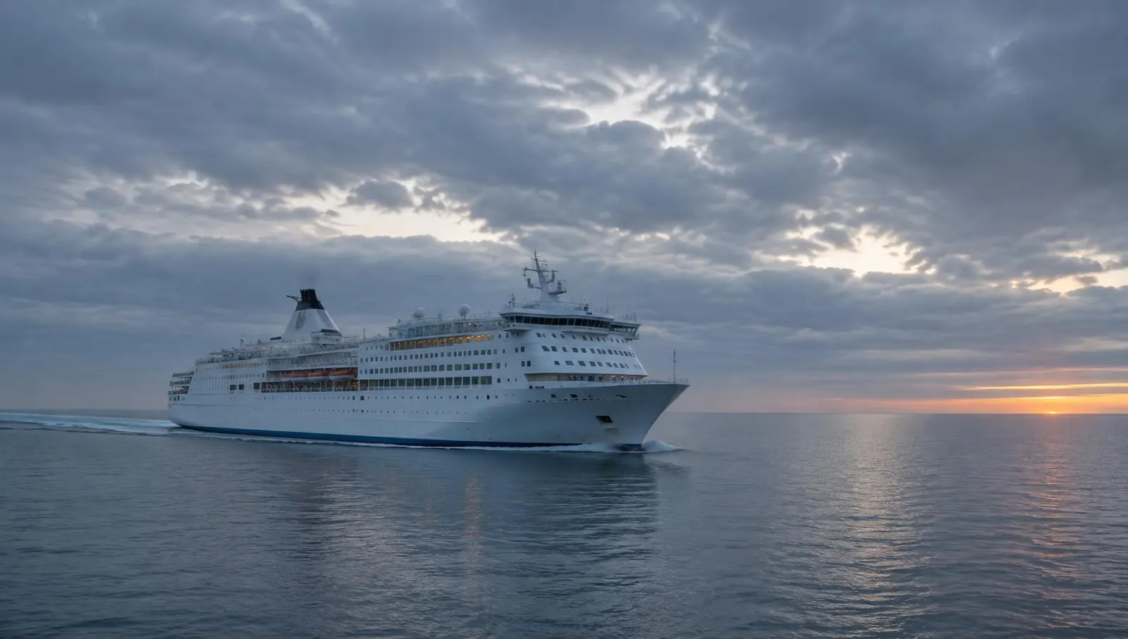 Illustration of a white passenger ferry crossing the open Baltic Sea at dawn under grey clouds