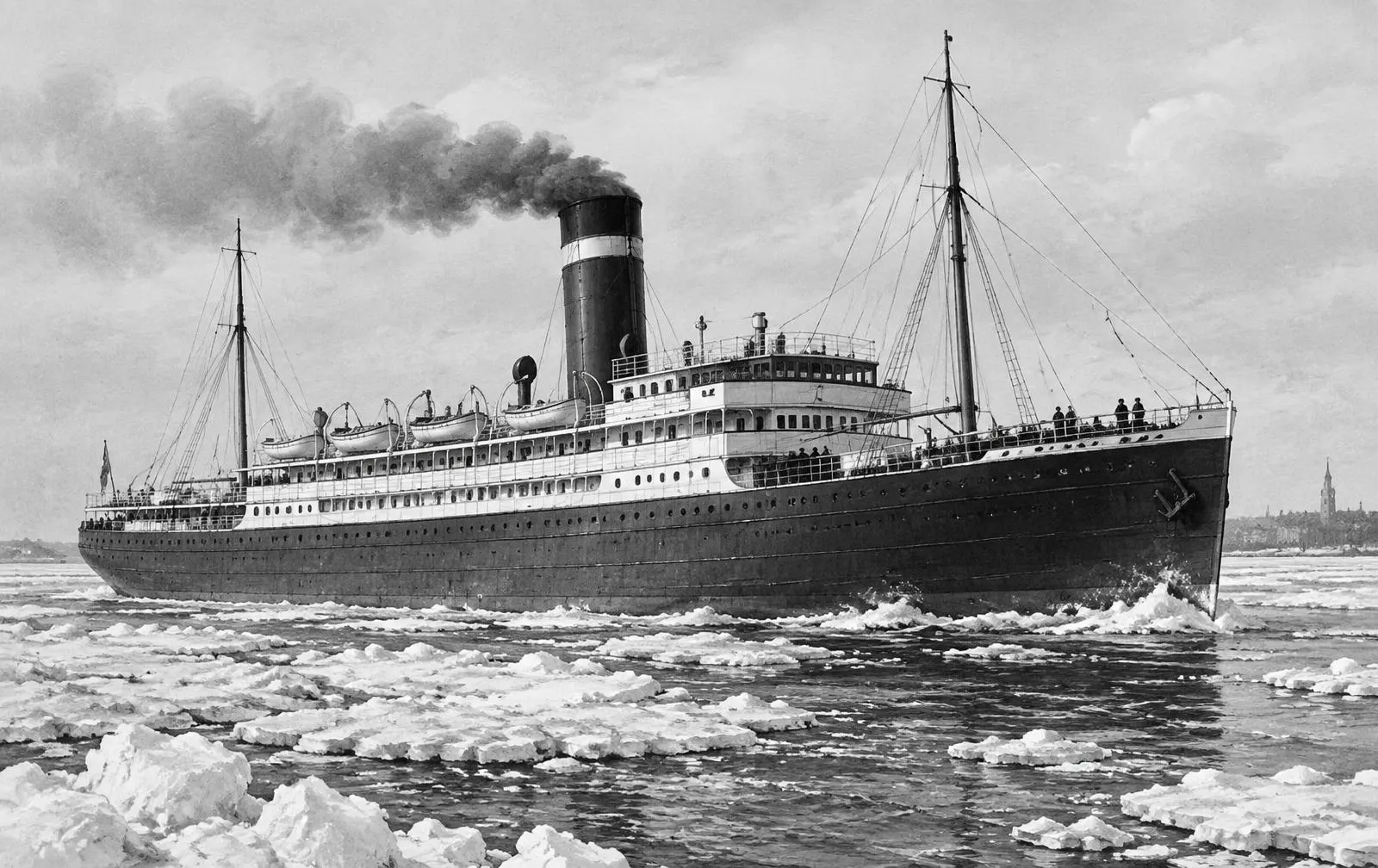 Black-and-white illustration of an early twentieth-century steamship breaking through ice