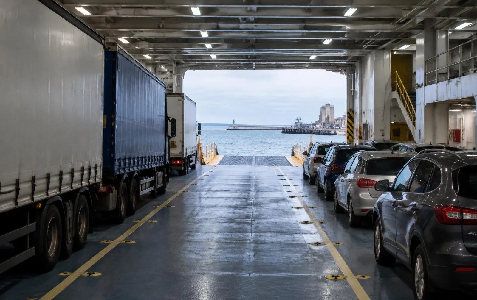 Illustration of a ro-ro vehicle deck with lorries and cars and an open ramp