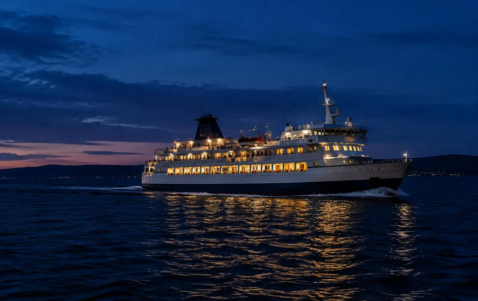Illustration of an illuminated passenger ferry sailing at night with glowing cabin windows