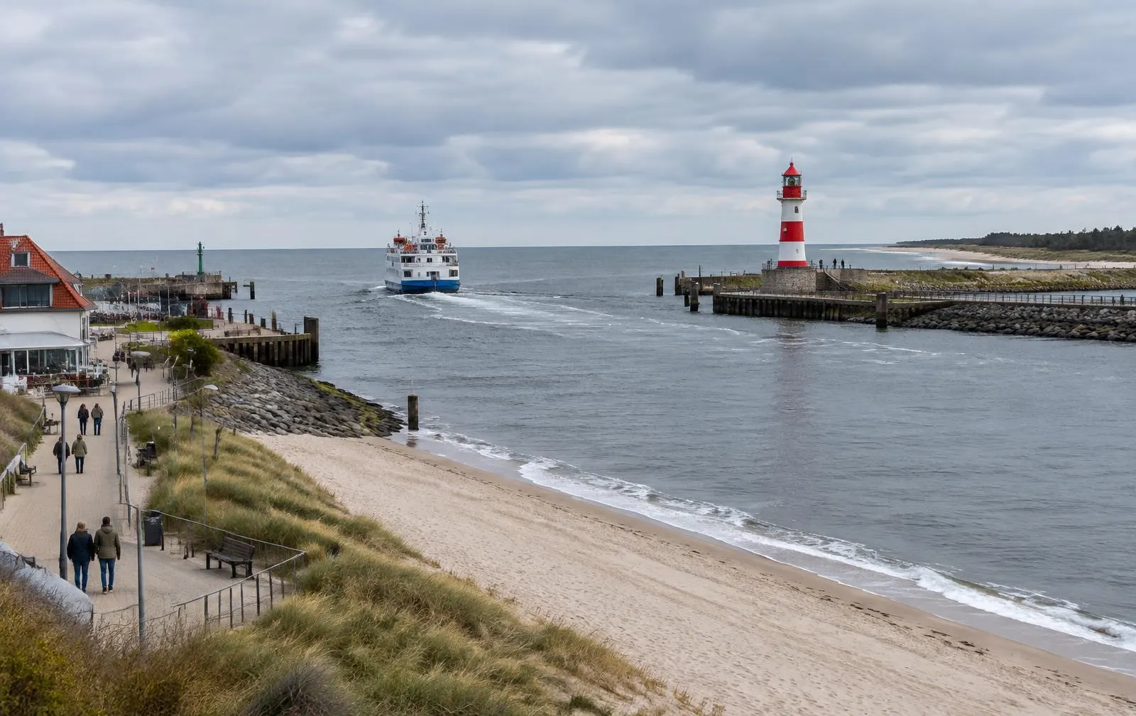 Ferry leaving a river-mouth harbour
